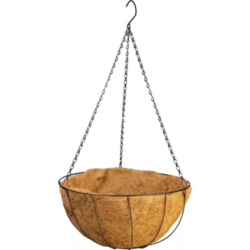 Függő virágtartó, Strend Pro Garden, 40 cm, fekete váz, barna kókuszrost bélés, acél, lánccal és kampóval, kerek