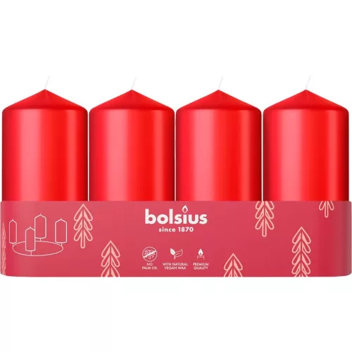 Gyertyák Bolsius Pillar Advent Karácsonyi, piros, 48/100 mm, csomag 4 db