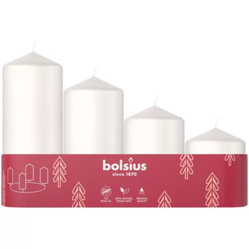 Gyertyák Bolsius Pillar Advent Karácsonyi, fehér, 60/80/100/120x48 mm, csomag 4 db