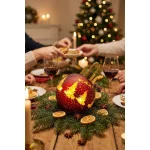 Karácsonyi dekoráció, MagicHome Vianoce, karácsonyi gömb, 12 x 12 x 18 cm, piros, arany részletekkel, üveg, 10 db melegfehér LED, elemes (2 x AA)