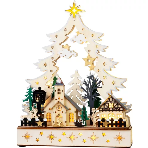 Karácsonyi dekoráció, MagicHome Vianoce, falu, 25 x 7,5 x 32 cm, 12 db melegfehér LED, fa, elemes (2 x AA)