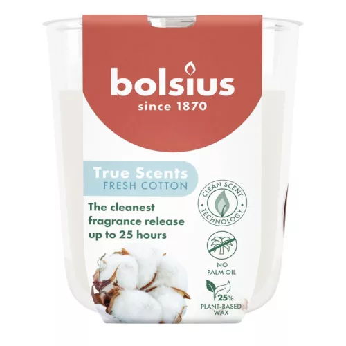 Gyertya Bolsius True Scents, friss pamut, 80x73 mm, üvegben