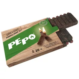   Gyújtós PE-PO®, 2 az 1-ben, fa, 20 db, gyufával és dörzsfelülettel, grillhez, kályhához, kandallóhoz