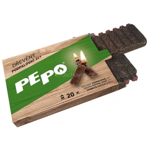 Gyújtós PE-PO®, 2 az 1-ben, fa, 20 db, gyufával és dörzsfelülettel, grillhez, kályhához, kandallóhoz