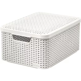   Tárolókosár, Curver Style2 Lid M, krémszínű, 38 x 29 x 17 cm, egymásra rakható, műanyag, rattan hatású, fogantyúkkal, fedeles, szögletes