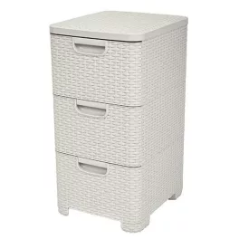   Komód, Curver Style, krémszínű, 33 × 60 × 38 cm, 3 fiókos, műanyag, rattan hatású, szögletes