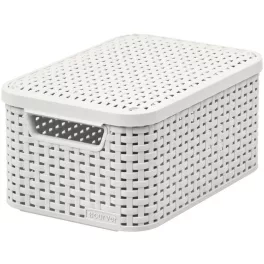   Tárolókosár, Curver Style2 Lid S, krémszínű, 29 × 20 × 14 cm, egymásra rakható, műanyag, rattan hatású, fogantyúkkal, fedeles, szögletes