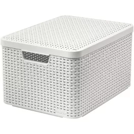   Tárolókosár, Curver Style2 Lid L, krémszínű, 45 x 25 x 33 cm, egymásra rakható, műanyag, rattan hatású, fogantyúkkal, fedeles, szögletes