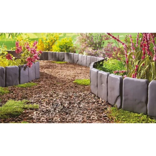 Kerti szegély, Strend Pro Garden, szürke, 25 x 23 cm, összekapcsolható, 250 cm hossz, UV-álló műanyag, kőhatású, 10 panel/csomag