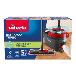   Felmosó szett, Vileda Ultramax Turbo + Actifibre Soft kendő, pedálos vödörrel, 36 × 14 cm fej, háromrészes teleszkópos nyél
