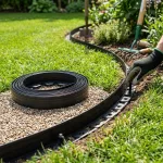 Gyepszegély, Strend Pro Garden, fekete, 10 m, 40 mm magas, hajlékony és formázható, 20 rögzítőtüskével