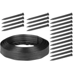 Gyepszegély, Strend Pro Garden, fekete, 10 m, 60 mm magas, hajlékony és formázható, 20 rögzítőtüskével