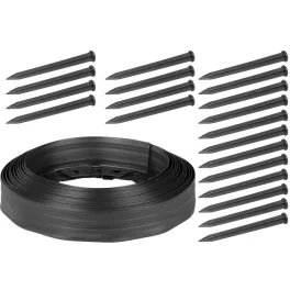   Gyepszegély, Strend Pro Garden, fekete, 10 m, 60 mm magas, hajlékony és formázható, 20 rögzítőtüskével