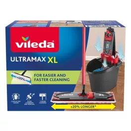   Felmosó szett, Vileda Ultramax XL One Size, piros-szürke, vödörrel és kosárral, 20%-kal hosszabb fejjel, kemény padlóhoz, 60 °C-on mosható