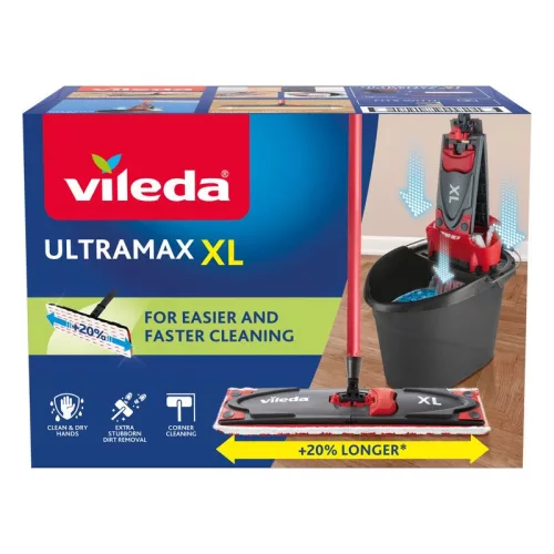 Felmosó szett, Vileda Ultramax XL One Size, piros-szürke, vödörrel és kosárral, 20%-kal hosszabb fejjel, kemény padlóhoz, 60 °C-on mosható