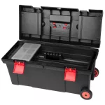 Szerszámosdoboz, Strend Pro HL3050, fekete, kerekes, kihúzható fogantyú, 15 kg teherbírás, átlátszó fedél, PVC, többfunkciós