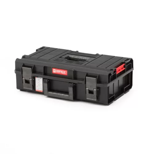 Szerszámosdoboz, Qbrick Patrol System One 200 Basic, 58,5 × 38,5 × 19 cm, fekete, 15,5 l, víz- és porálló, hermetikus zárás, cserélhető rekeszekkel, 120 kg teherbírás