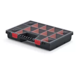   Rendszerező koffer, Prosperplast NOR16, 6,5 x 29 x 39 cm, fekete, állítható rekeszek, átlátszó fedél, két zárral, ergonomikus fogantyú, maximum 36 rekesz