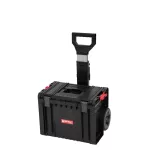 Szerszámosláda, Qbrick Patrol Pro Cart, 45 × 39 × 69 cm, fekete, 28 l, kerekes, teleszkópos alumínium fogantyú, víz- és porálló, fém tengely, moduláris rendszer