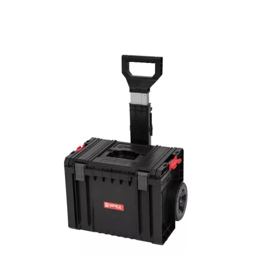 Szerszámosláda, Qbrick Patrol Pro Cart, 45 × 39 × 69 cm, fekete, 28 l, kerekes, teleszkópos alumínium fogantyú, víz- és porálló, fém tengely, moduláris rendszer