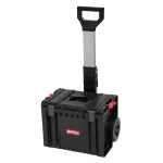 Szerszámosláda, Qbrick Patrol Pro Cart, 45 × 39 × 69 cm, fekete, 28 l, kerekes, teleszkópos alumínium fogantyú, víz- és porálló, fém tengely, moduláris rendszer