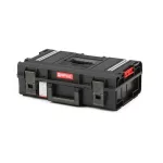 Szerszámosdoboz, Qbrick Patrol System One 200 Technik, 58,5 × 38,5 × 19 cm, fekete, 15,4 l, 6 kivehető tartály, por- és vízálló, alumínium rögzítőléc, munkaasztalként használható
