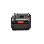 Szerszámosdoboz, Qbrick Patrol System One 200 Technik, 58,5 × 38,5 × 19 cm, fekete, 15,4 l, 6 kivehető tartály, por- és vízálló, alumínium rögzítőléc, munkaasztalként használható