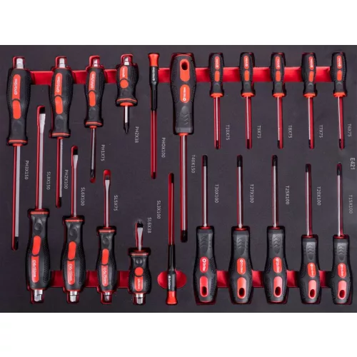 Csavarhúzó készlet, Strend Pro S239, fekete, 21 részes, lapos (SL), PH és Torx fejekkel, szerszámkocsihoz