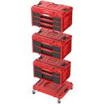 Tárolódoboz készlet, Qbrick Patrol System One Workshop Red, 58,7 × 38 × 34 cm, piros, 4 részes, moduláris, fiókos, automata zárral, fémsínes, görgős platform fékkel
