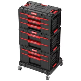   Tárolódoboz készlet, Qbrick Patrol System One Workshop Cart, 58,7 × 38 × 34 cm, fekete, 4 részes, moduláris, fiókos, automata zárral, görgős platform fékkel, állítható elválasztók, ABS műanyag, fémsínes