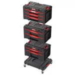 Tárolódoboz készlet, Qbrick Patrol System One Workshop Cart, 58,7 × 38 × 34 cm, fekete, 4 részes, moduláris, fiókos, automata zárral, görgős platform fékkel, állítható elválasztók, ABS műanyag, fémsínes