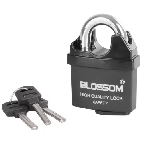 Lakat, Blossom LS0506, 60 mm, fekete, biztonsági, függőzár kivitel, 3 db kulccsal, kapukhoz, ajtókhoz és szekrényekhez