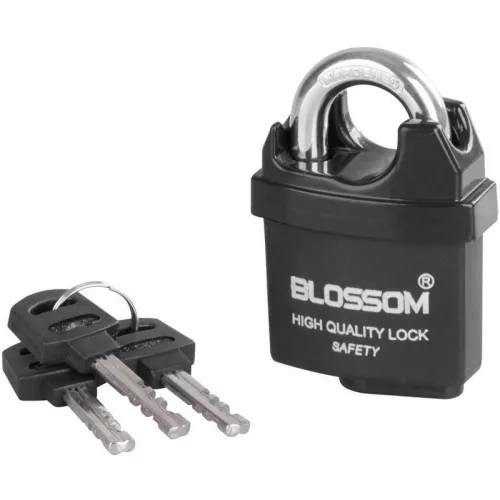 Lakat, Blossom LS0505, 50 mm, fekete, biztonsági, függőzár kivitel, 3 db kulccsal, kapukhoz, ajtókhoz és szekrényekhez