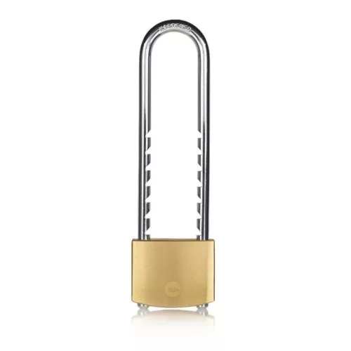 Lakat, Yale Y110B/50/155/1, 50 mm, sárgaréz, hosszú kengyelű, 2 azonos zárszerkezet, edzett, korrózióálló, 3 db kulccsal