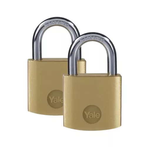 Lakat, Yale Y110B/40/122/2, 40 mm, sárgaréz, függőzár kivitel, edzett, 2 db, 2 azonos zárszerkezet, 3 db kulccsal