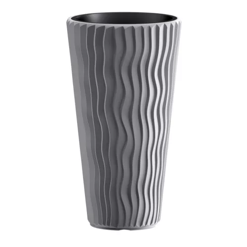 Műanyag virágcserép, Prosperplast Sandy Slim 400, szürke, átmérő: 39 cm, betéttel, 15 / 54 l, hullámmintás, kerek