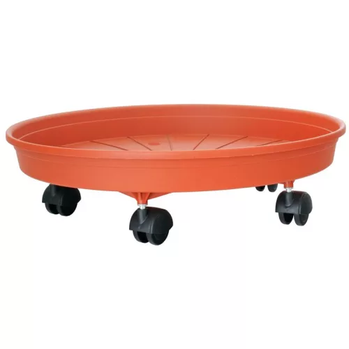 Alátét ICS MARGHERITA, virágcseréphez, 25 cm, kerek, görgős kocsi, terrakotta színű, műanyag