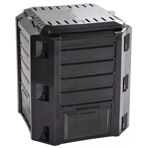 Komposztáló, Prosperplast, Compogreeen, fekete, 380 l, 71,9 x 71,9 x 82,6 cm, állatbiztos, fedeles, alsóürítő ajtóval, egyszerű összeszerelés