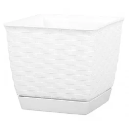   Rattan virágcserép, Prosperplast Rato Square 250, fehér, 25 x 25 cm, magasság: 22 cm, alátéttel, 8,2 l, rattan hatású, négyzetes