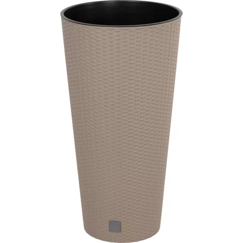Rattan virágcserép, Prosperplast Rato Tubus 400, mokka, átmérő: 40 cm, magasság: 76,3 cm, betéttel, 35 / 64 l, rattan hatású, kerek