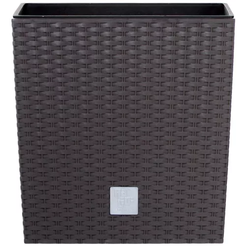 Rattan virágcserép, Prosperplast Rato Low 200, barna, 20 x 20 cm, magasság: 20,2 cm, betéttel, 6,8 l, rattan hatású, négyzetes, alacsony kivitel