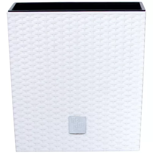 Rattan virágcserép, Prosperplast Rato Low 200, fehér, 20 x 20 cm, magasság: 20,2 cm, betéttel, 6,8 l, rattan hatású, négyzetes, alacsony kivitel