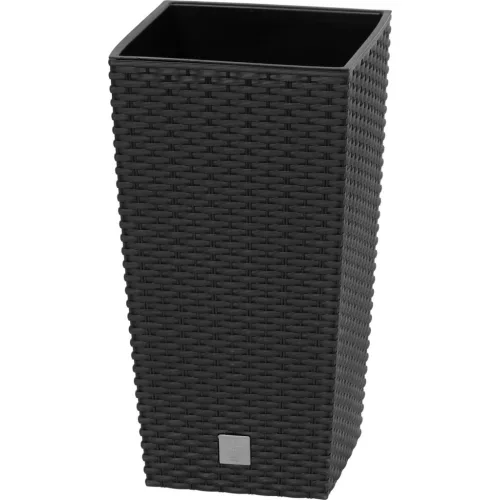 Rattan virágcserép, Prosperplast Rato Square 225, fekete, 22,5 x 22,5 cm, magasság: 42,1 cm, betéttel, 8 / 16,3 l, rattan hatású, négyzetes
