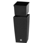 Rattan virágcserép, Prosperplast Rato Square 225, fekete, 22,5 x 22,5 cm, magasság: 42,1 cm, betéttel, 8 / 16,3 l, rattan hatású, négyzetes