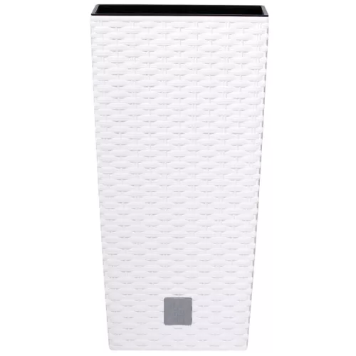 Rattan virágcserép, Prosperplast Rato Square 225, fehér, 22,5 x 22,5 cm, magasság: 42,1 cm, betéttel, 8 / 16,3 l, rattan hatású, négyzetes