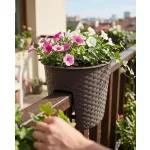 Rattan virágcserép, Prosperplast Rato Railing Oval 300, barna, átmérő: 30 cm, magasság: 22,7 cm, rattan hatású, kerek, korlátra szerelhető