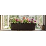 Rattan virágláda, Prosperplast Ratolla Case P 700, barna, 68,5 x 17,3 cm, magasság: 15 cm, alátéttel, 13 l, rattan hatású