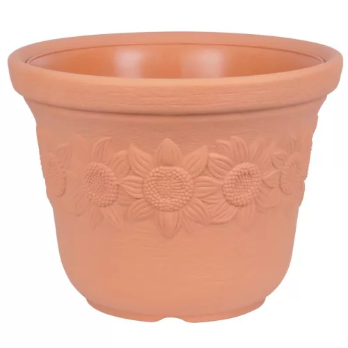Műanyag virágcserép, Prosperplast Sunny, terrakotta, átmérő: 30 cm, magasság: 22,5 cm, napraforgó minta, 8 l, kerek