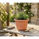 Műanyag virágcserép, Prosperplast Sunny, terrakotta, átmérő: 30 cm, magasság: 22,5 cm, napraforgó minta, 8 l, kerek