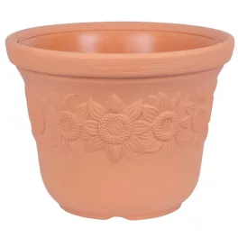   Műanyag virágcserép, Prosperplast Sunny, terrakotta, átmérő: 57 cm, magasság: 43,5 cm, napraforgó minta, 60 l, kerek